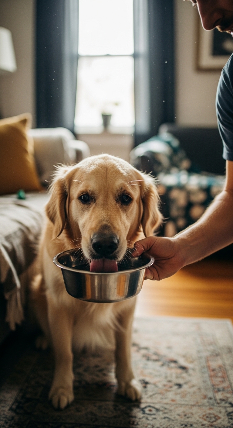 A dog is eating from a bowl.