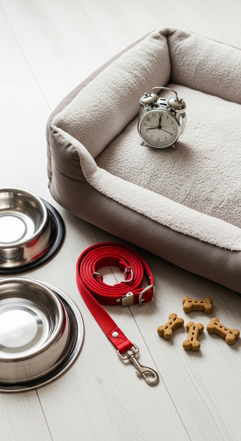 A dog bed with a clock and a red leash.