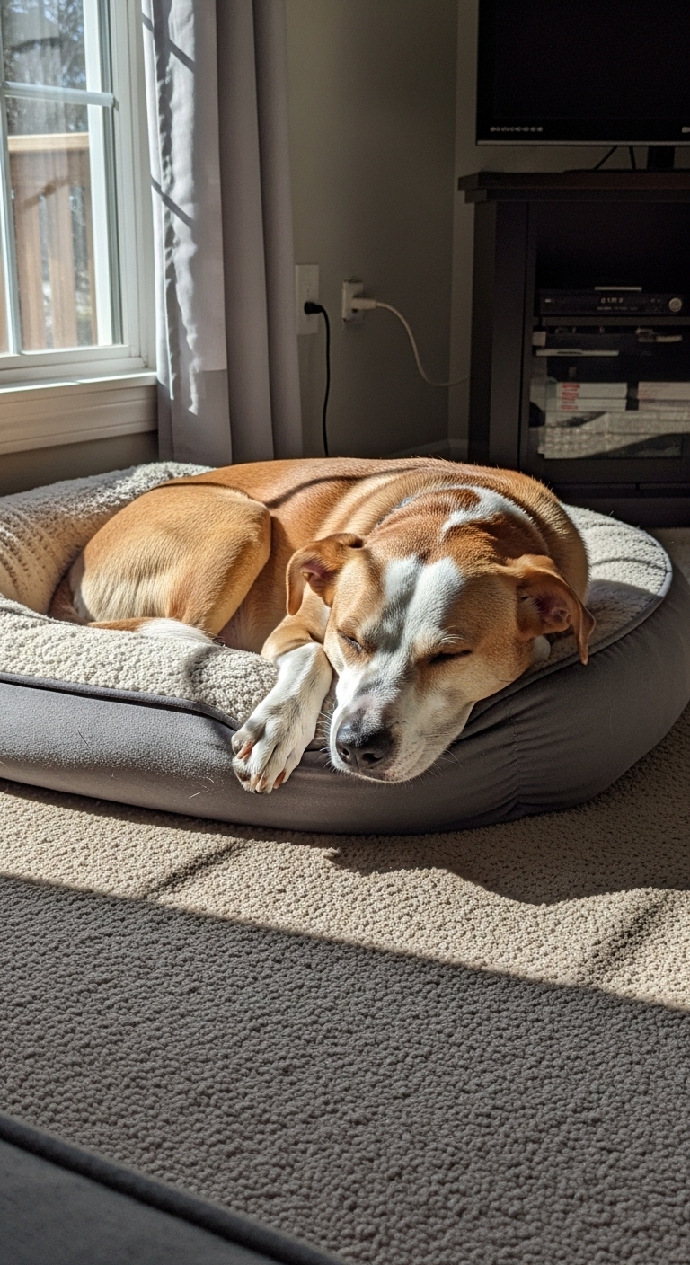 A dog sleeping in a bed.
