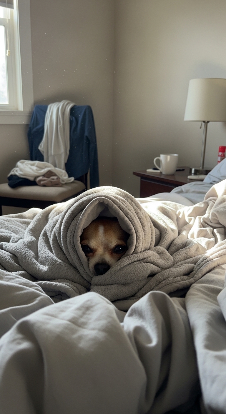 A small dog wrapped in a blanket.