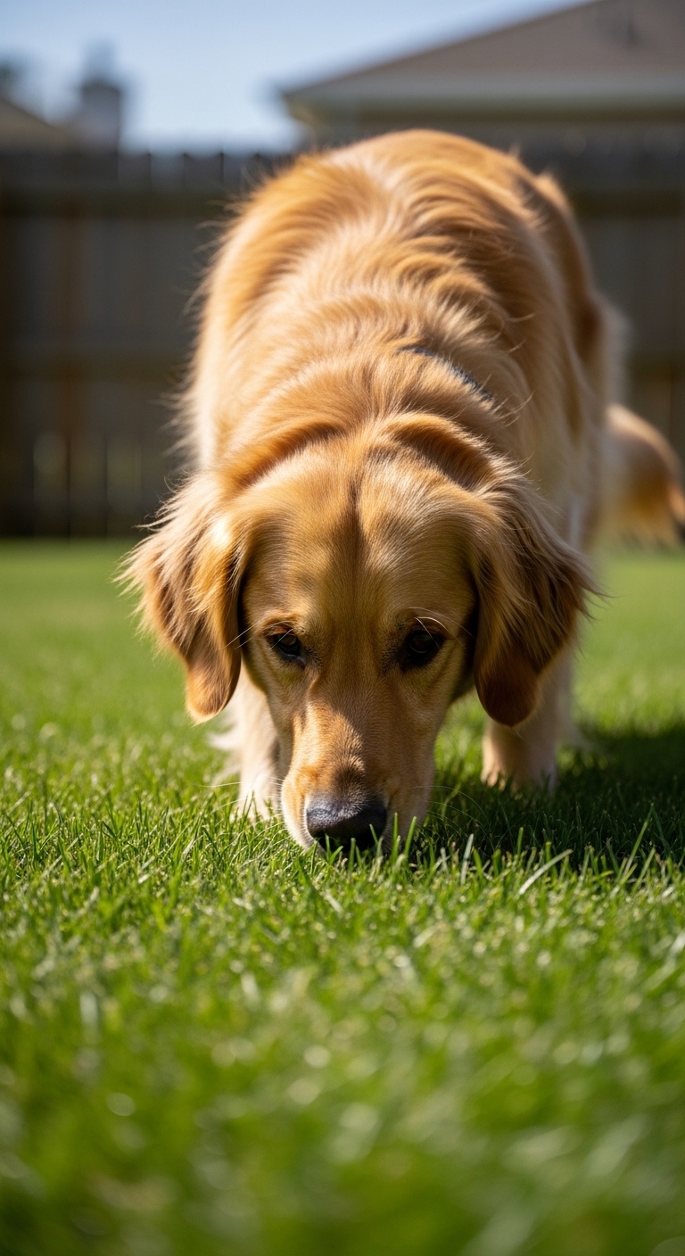 A dog eating grass in the yard.