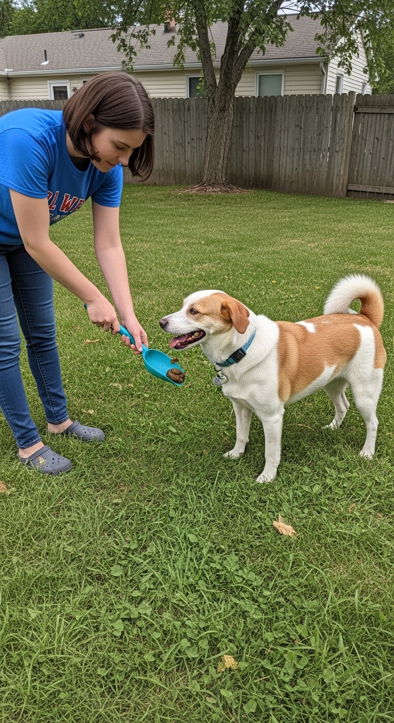 A woman is holding a blue bowl with food in it and a dog is eating it.