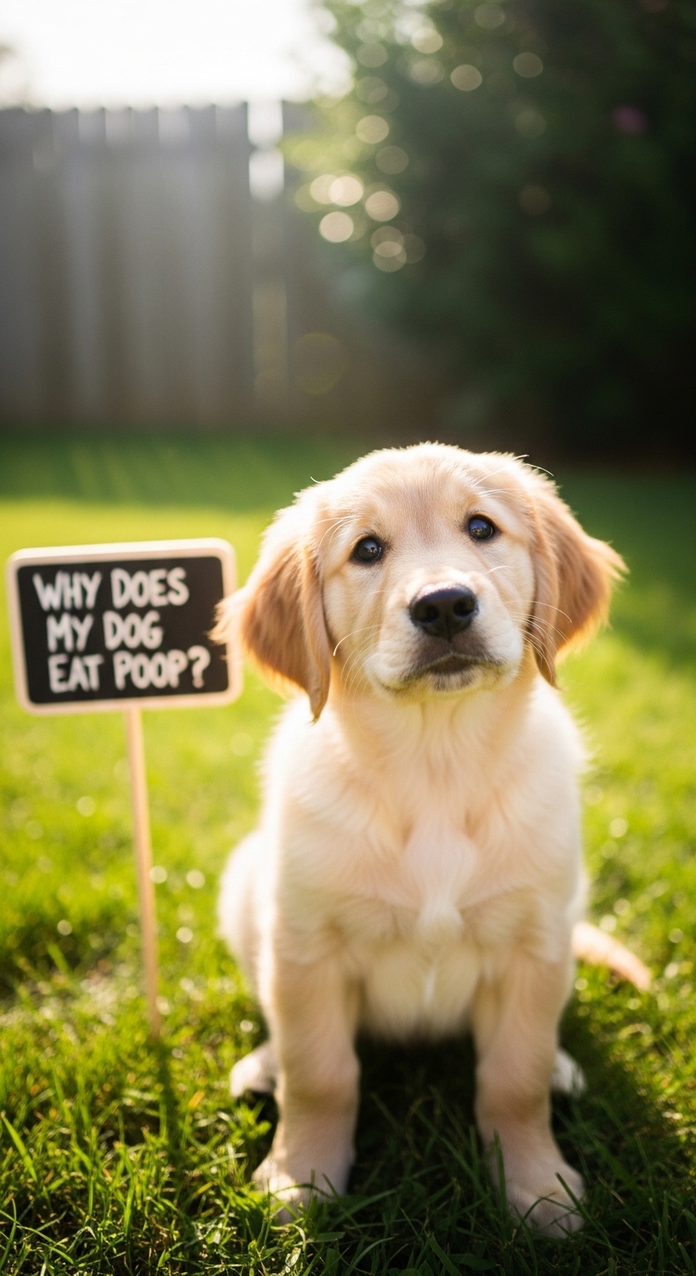 A sign that says why does my dog eat poop.