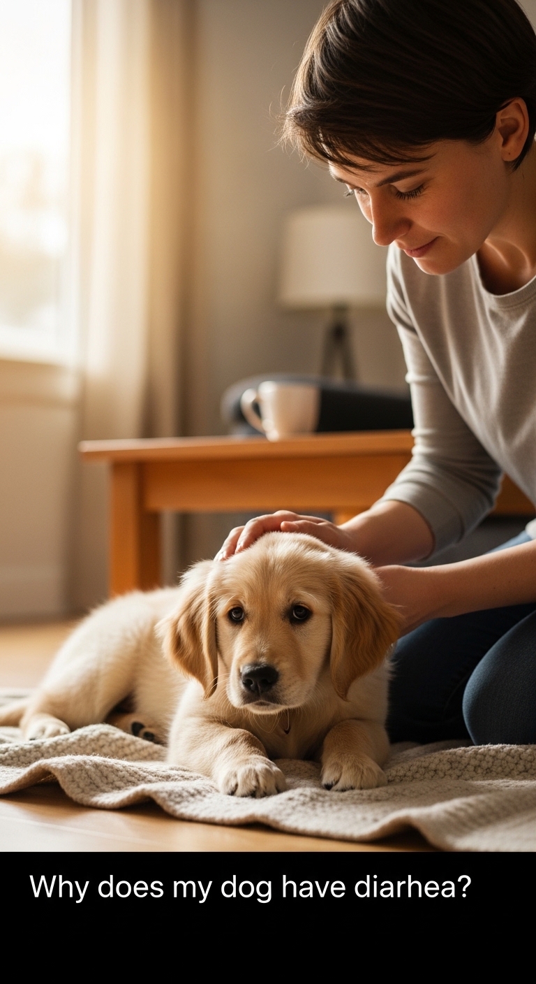A woman is petting a dog that is laying on the floor.