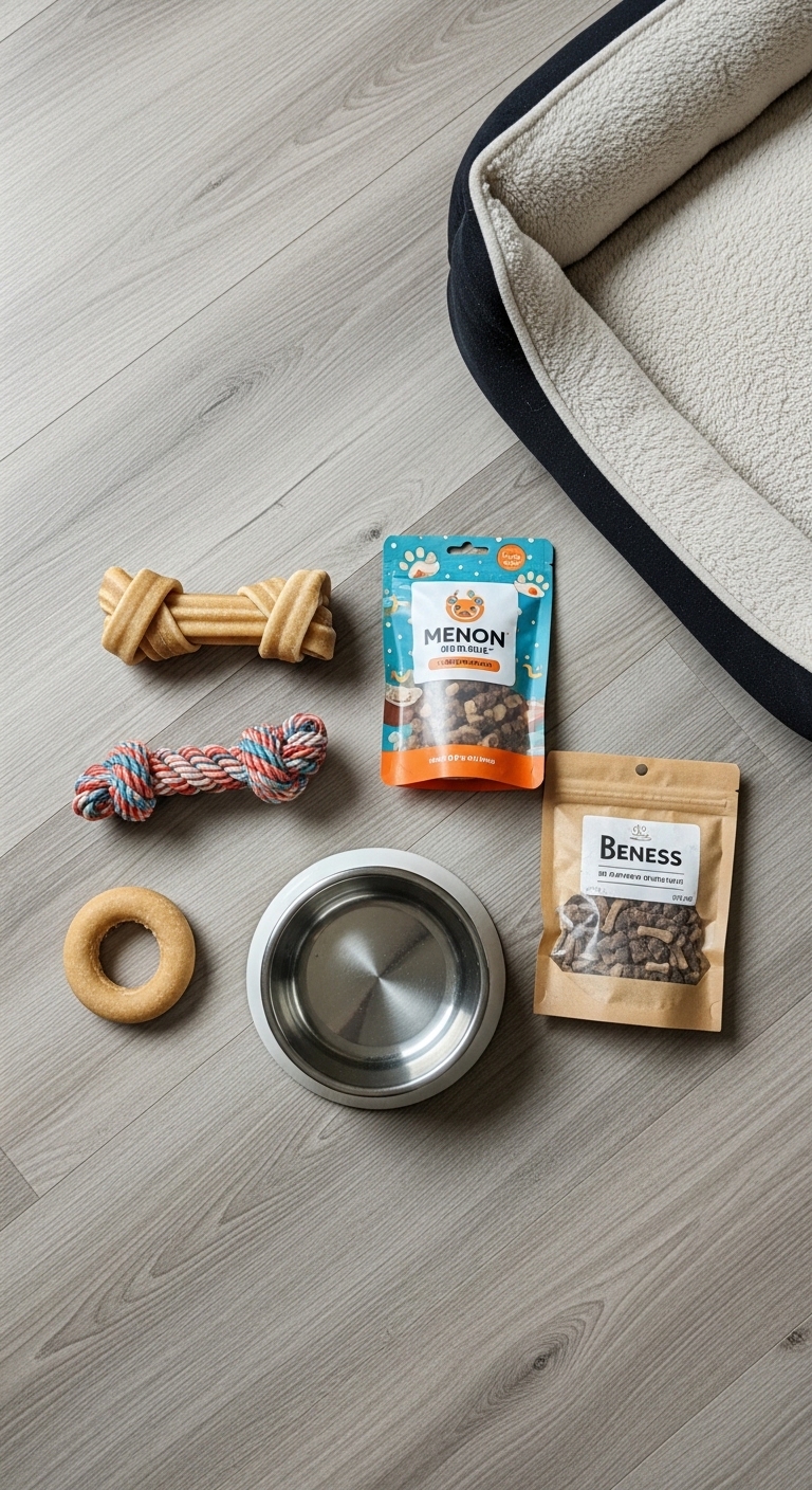 A dog toy and a bag of dog treats are on the floor.