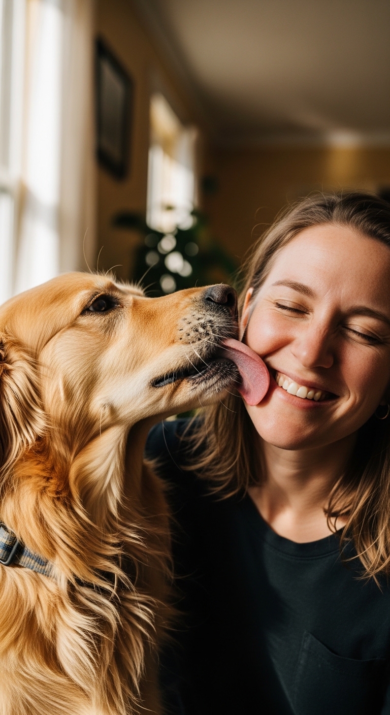 A woman is kissed by her dog.