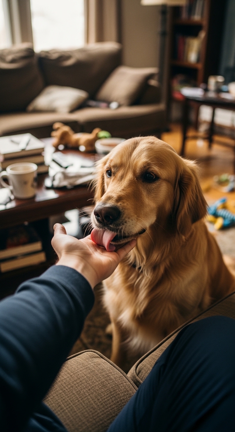 A dog licking a person's hand.