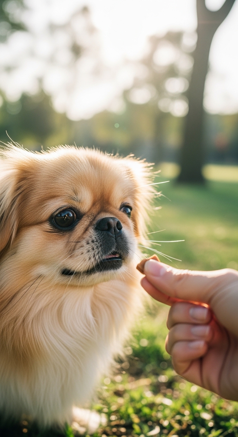 A dog is eating something from a person's hand.