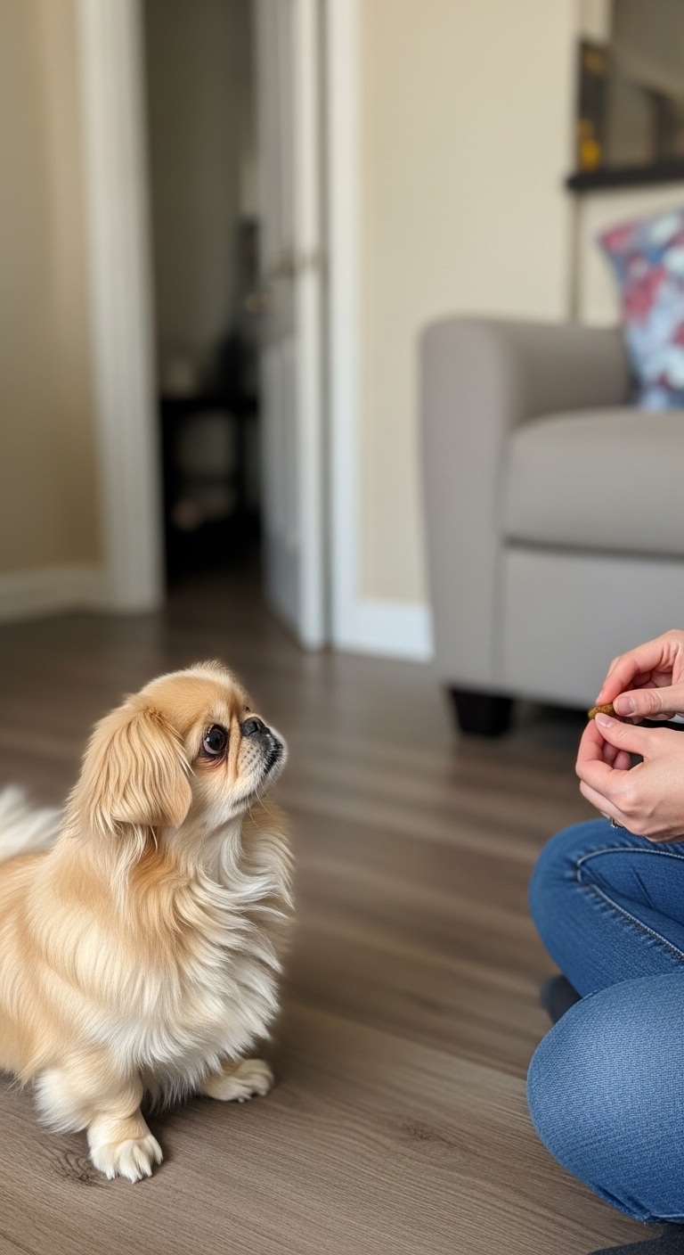 A woman is feeding a small dog a treat.