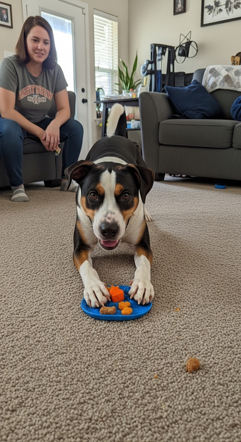 A dog is eating a carrot while laying on the floor.
