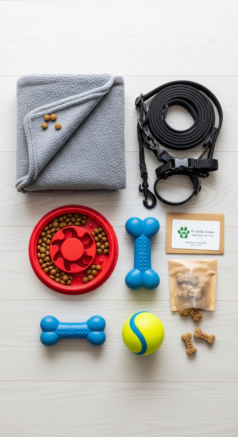 A collection of dog toys and food.
