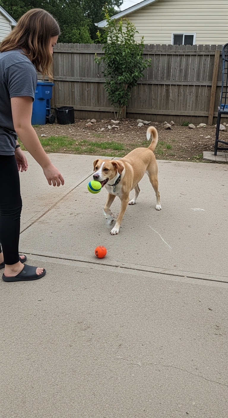 A dog playing with a ball in the yard.