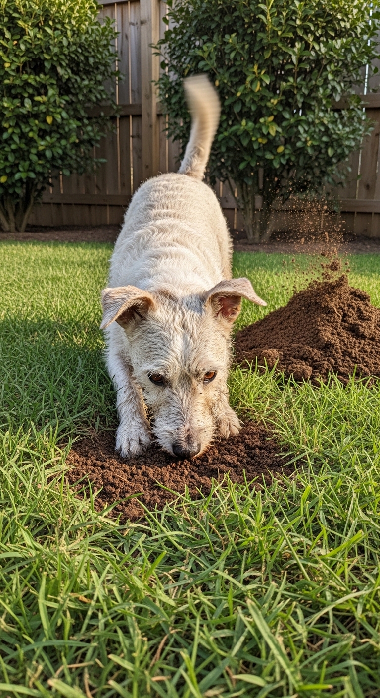 A dog digging a hole in the yard.