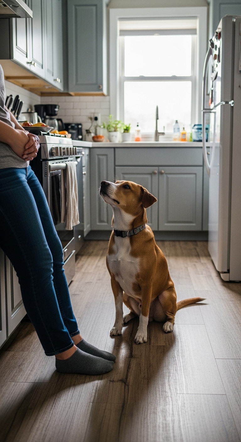 A dog sits on the floor in front of a woman.
