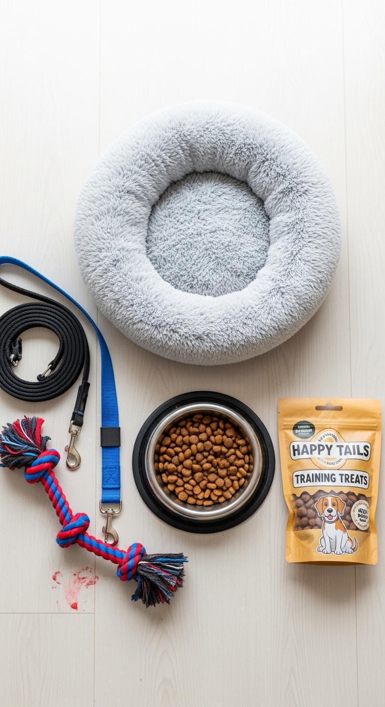 A dog's leash, food, and a toy are placed on a table.