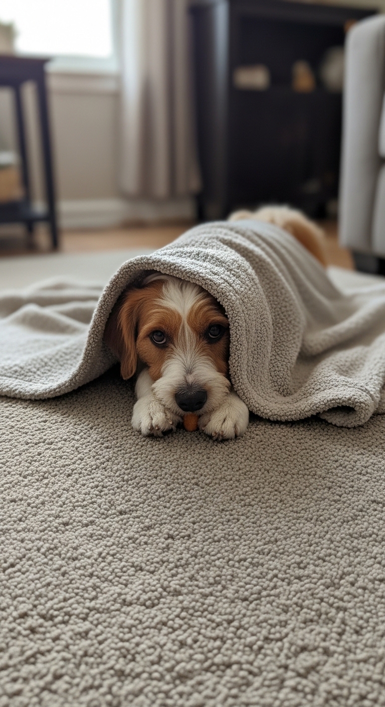A dog is laying on the floor with a blanket over it and a piece of food in its mouth.