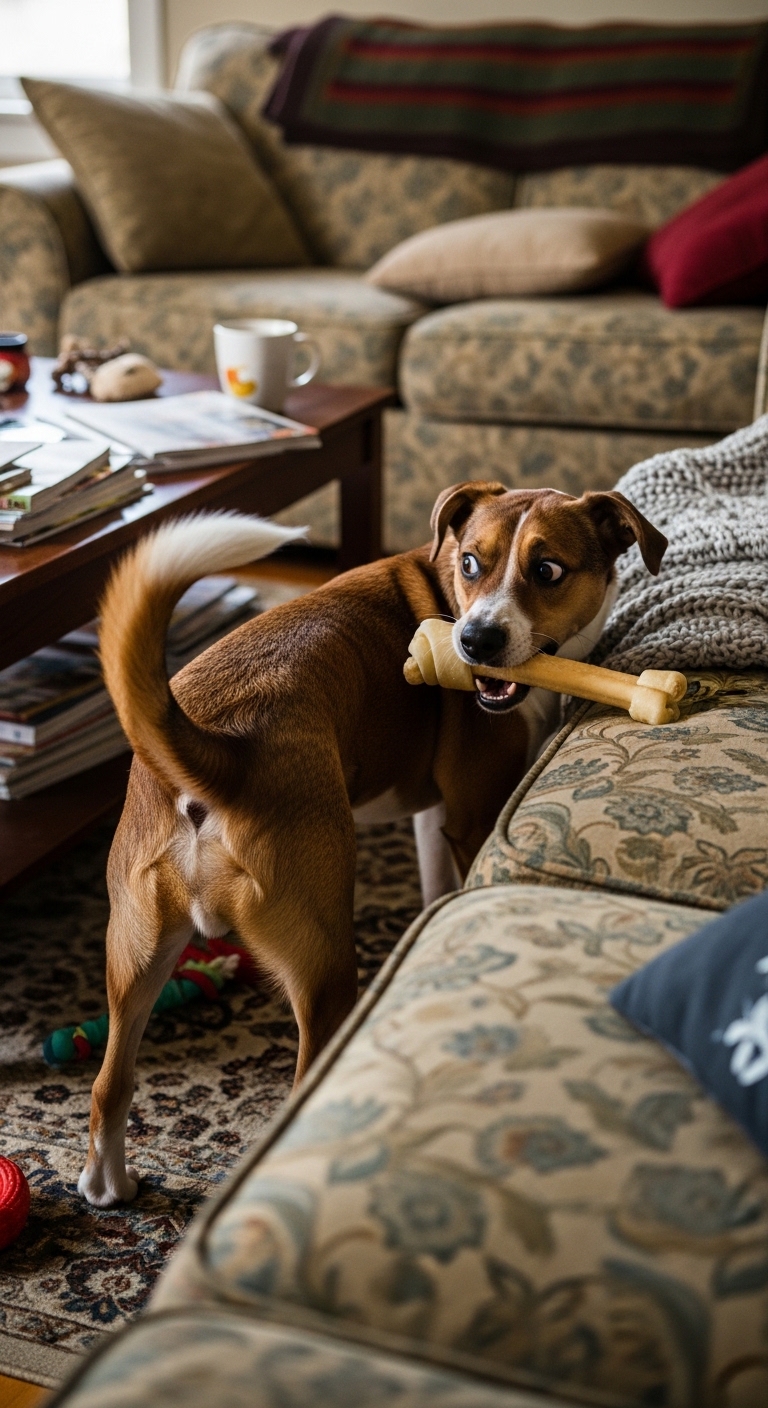 A dog holding a bone in its mouth.