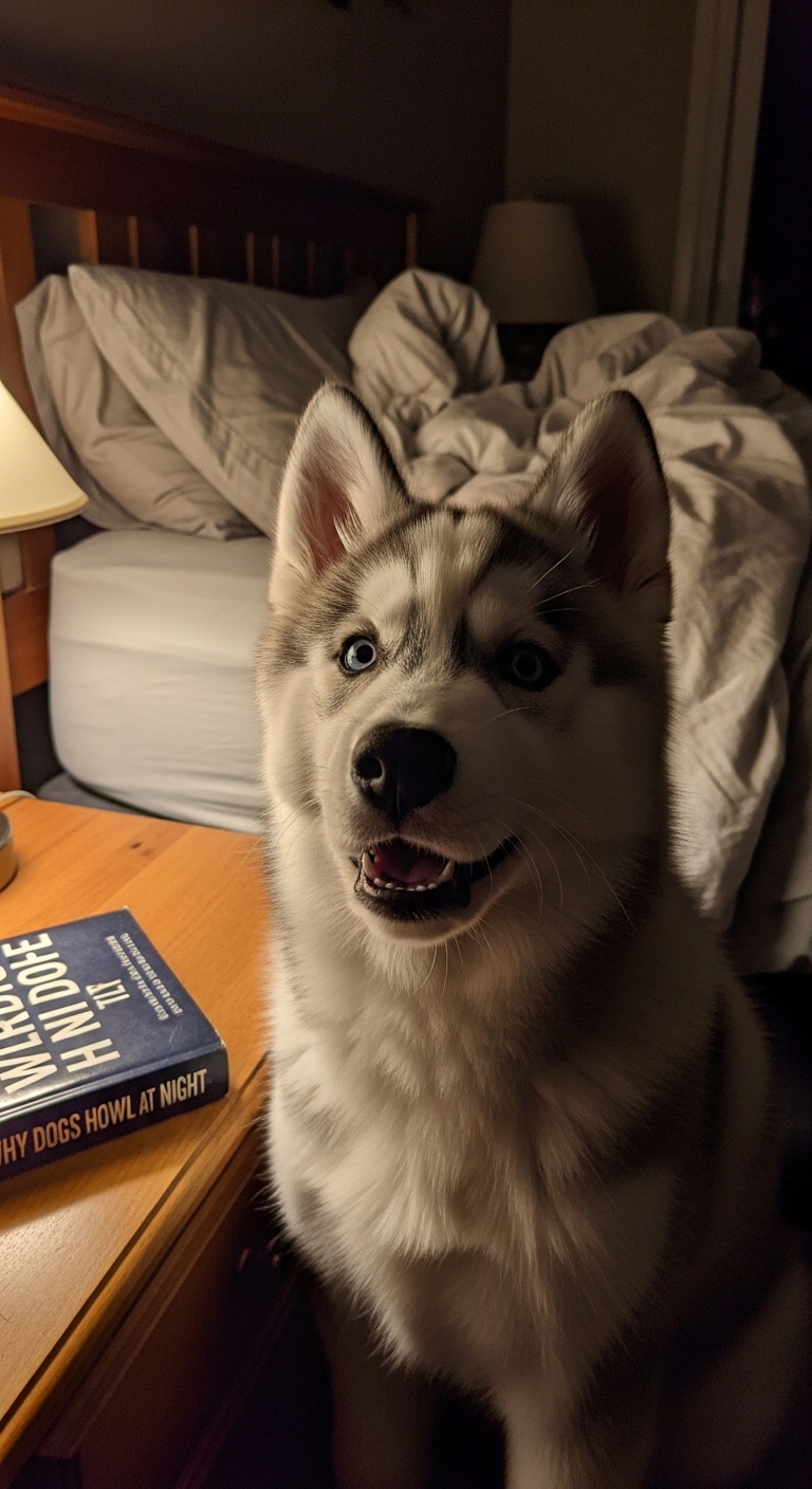 A dog sitting on a table next to a book titled "Why Dogs Howl at Night".