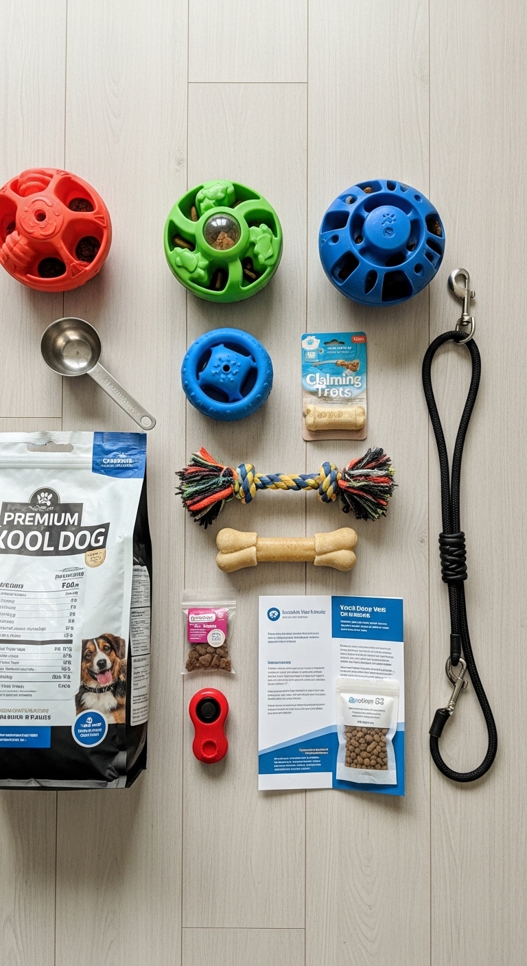A dog toy and food bag are on a table.