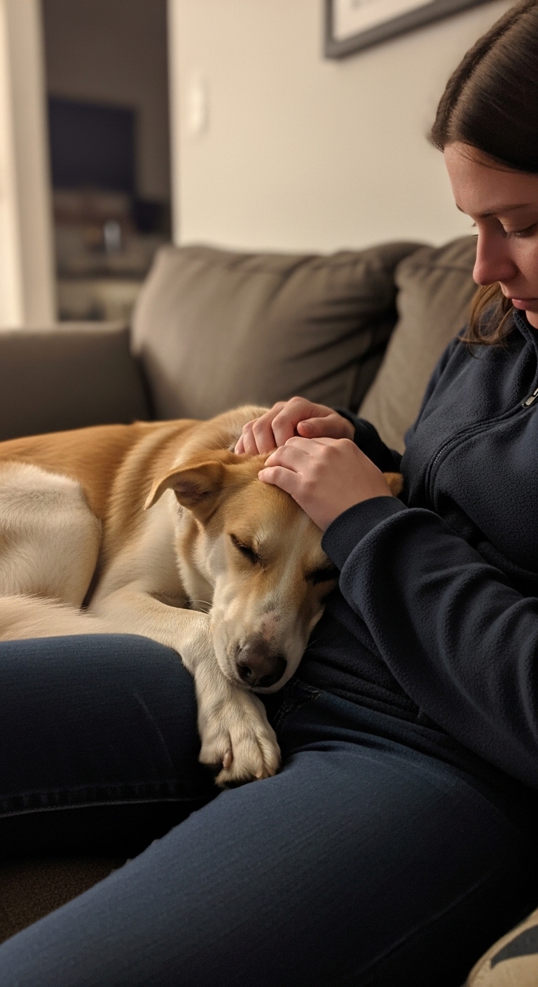 A woman petting a dog.
