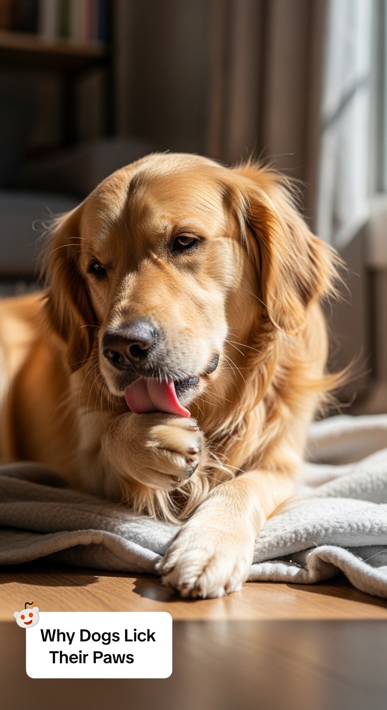 A dog licking its paw.