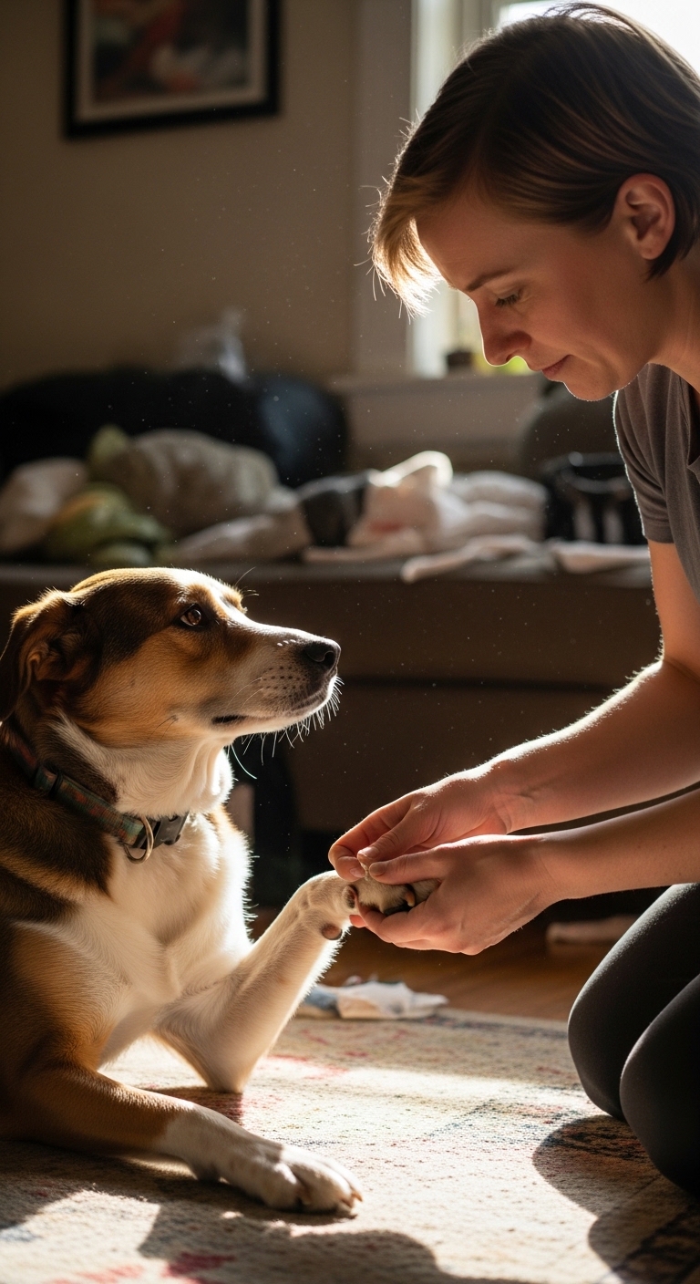 A woman is petting a dog's paw.