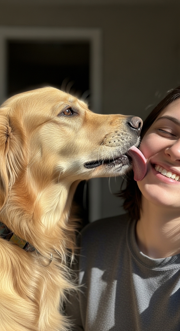 A woman is kissed by a dog.