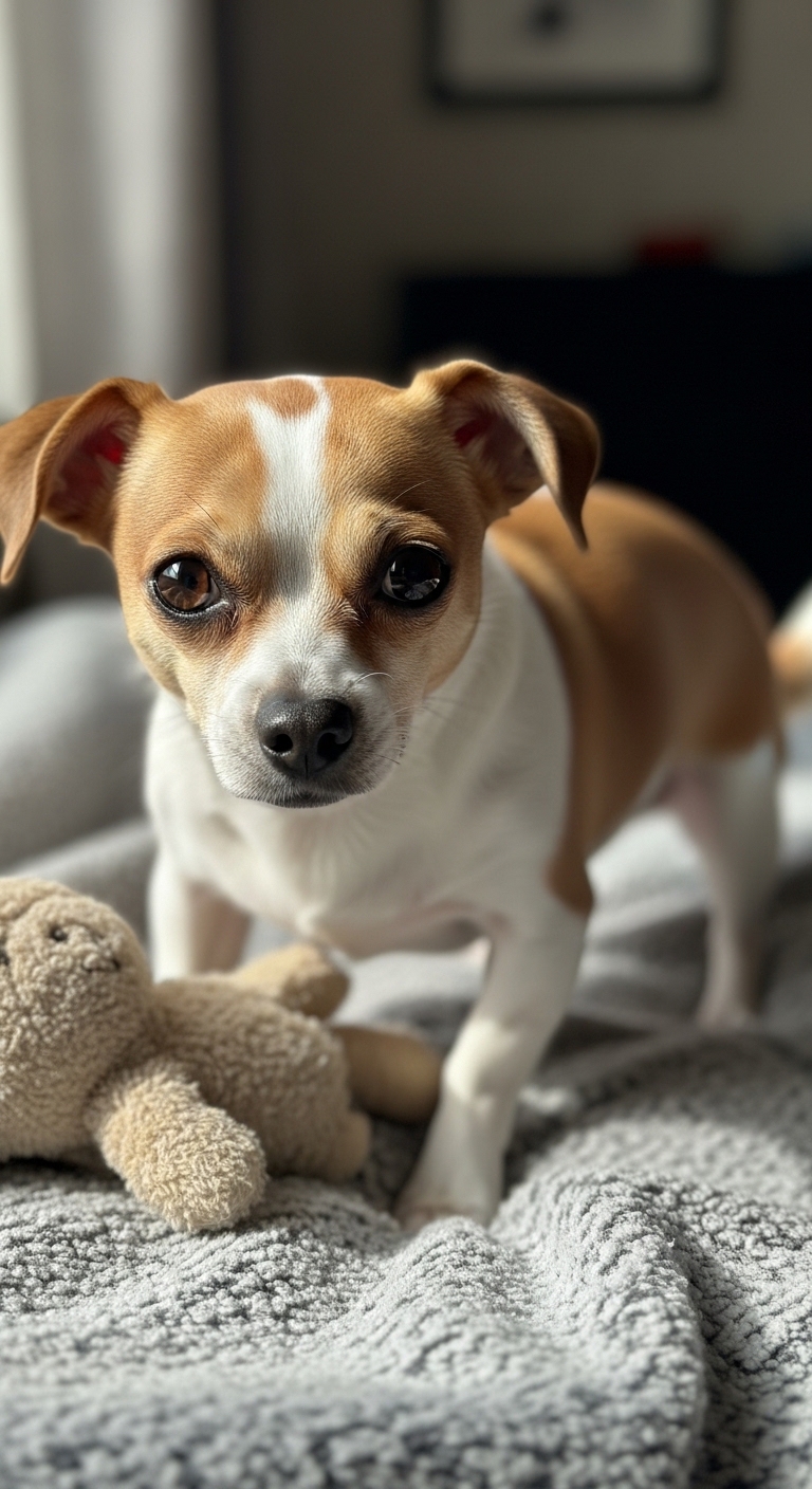 A dog shakes its body next to a stuffed animal.