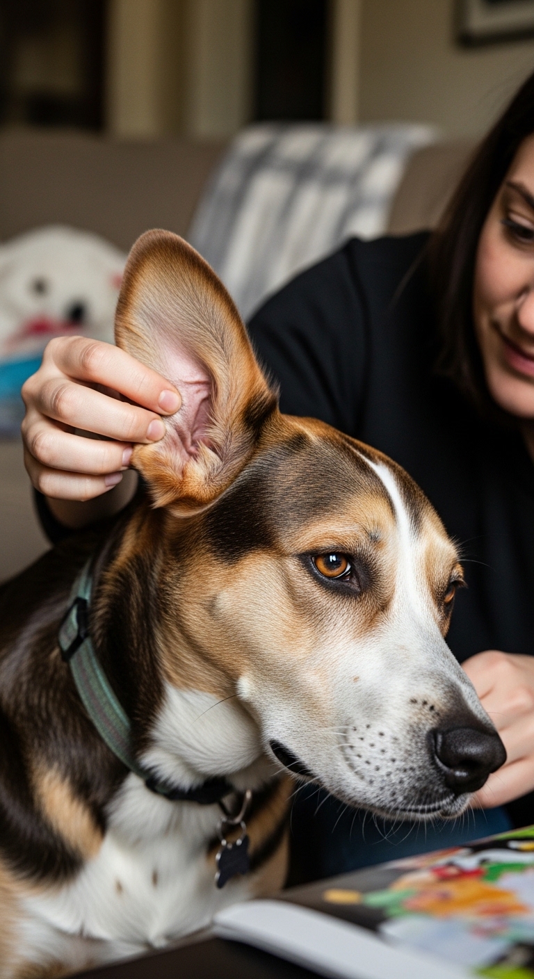 A woman petting a dog with ears.