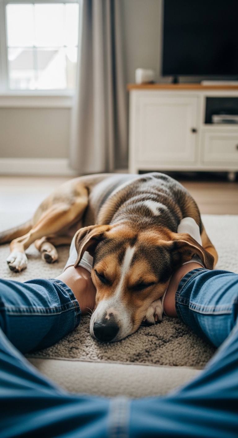 A dog sleeping on a carpet next to a person.
