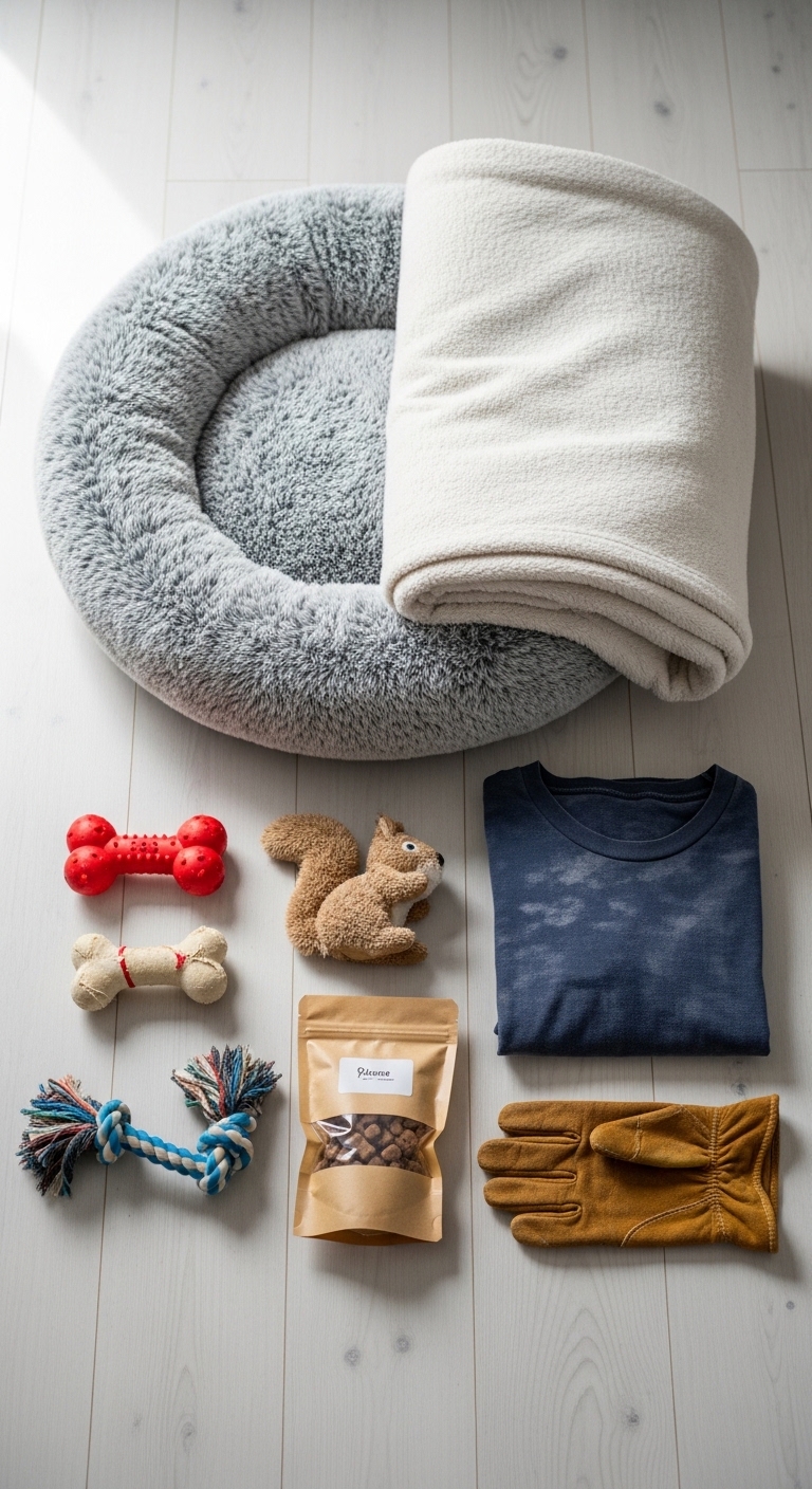 A dog bed and toys are on a table.