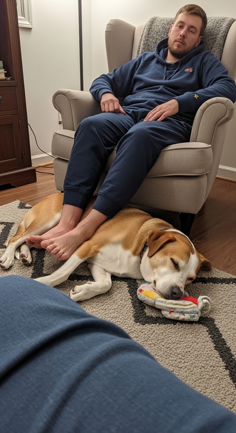 A dog sleeping on a rug with a person's feet on it.