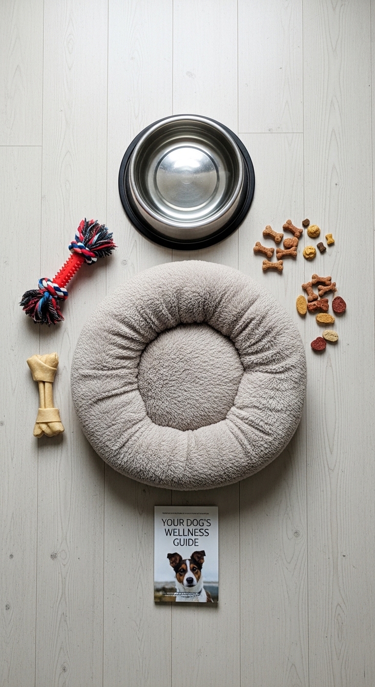A dog's bed with a toy and a bowl of dog food.