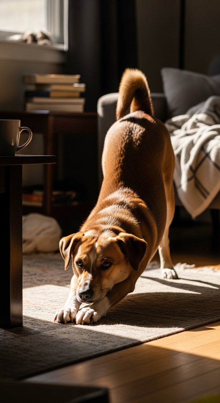 A dog stretches its body on the floor.