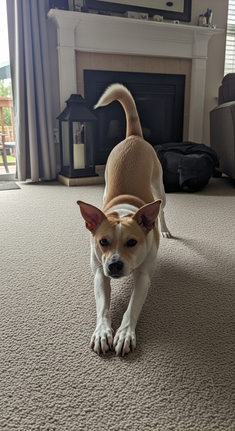 A dog stretches its body on the floor.