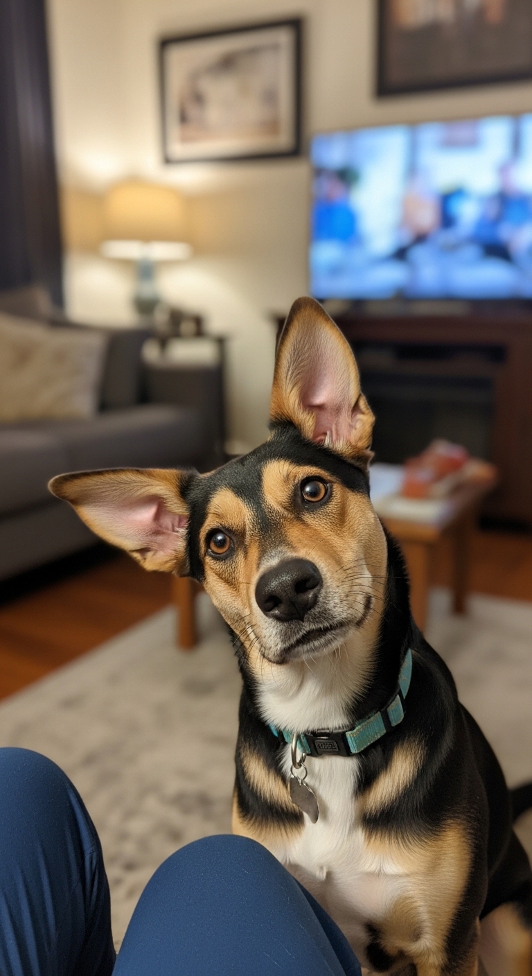 A dog tilting its head to the side.