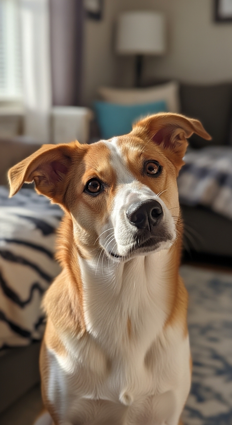 A dog tilting its head.