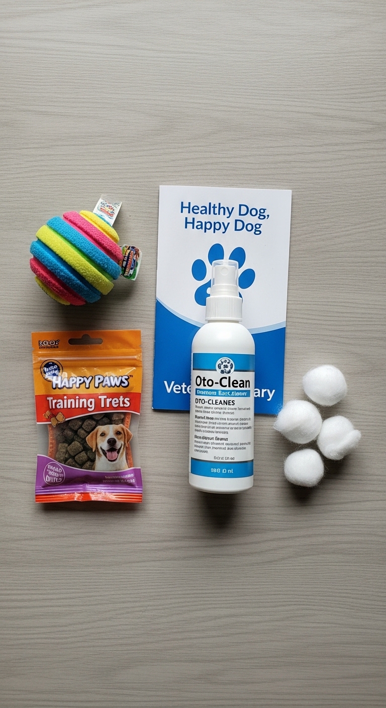 A dog toy and a bottle of Oto-clean are on a table.