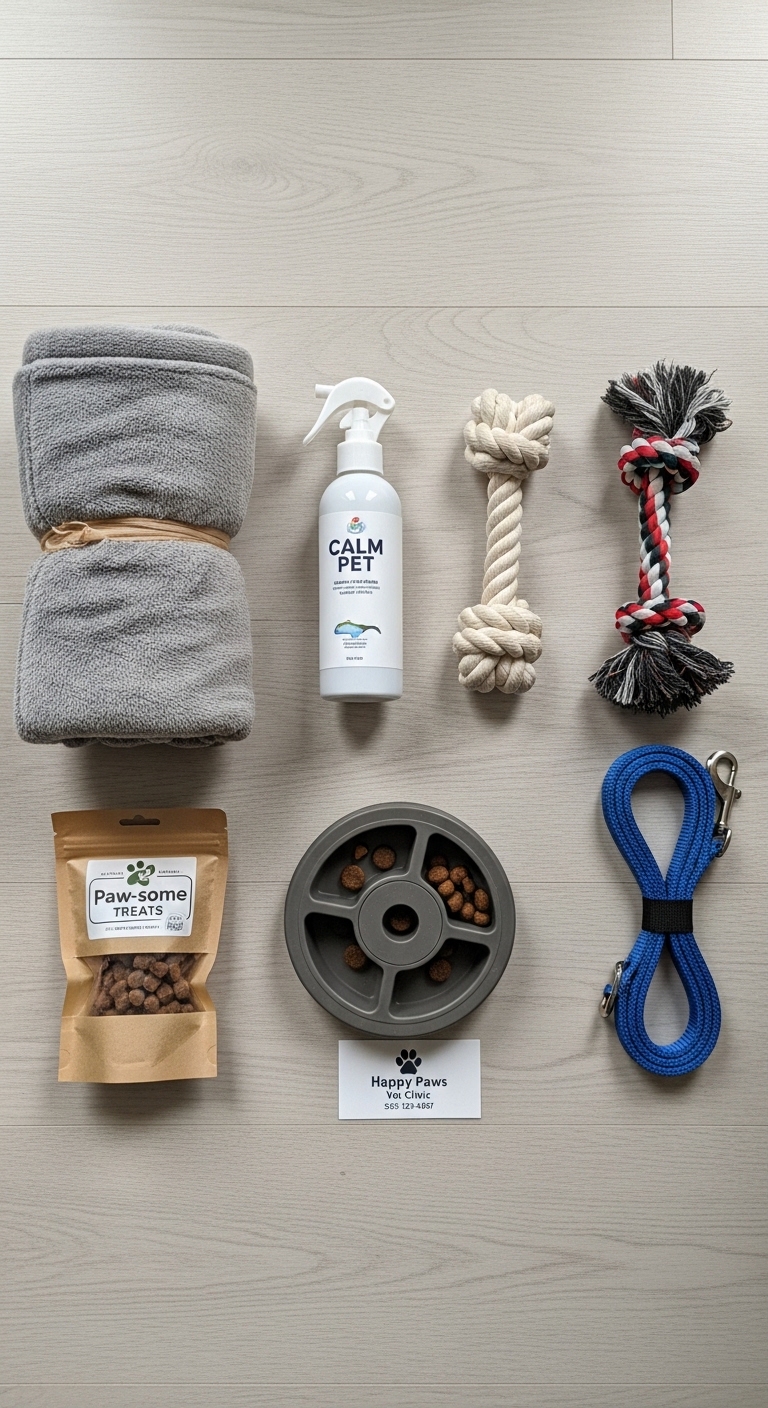 A collection of items for a dog, including a toy, a bag of dog food, and a bottle of water.