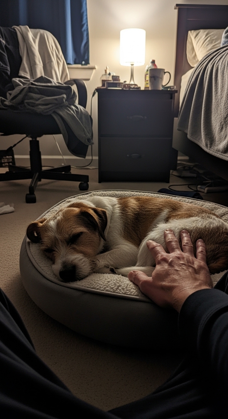 A person petting a dog that is laying on a bed.