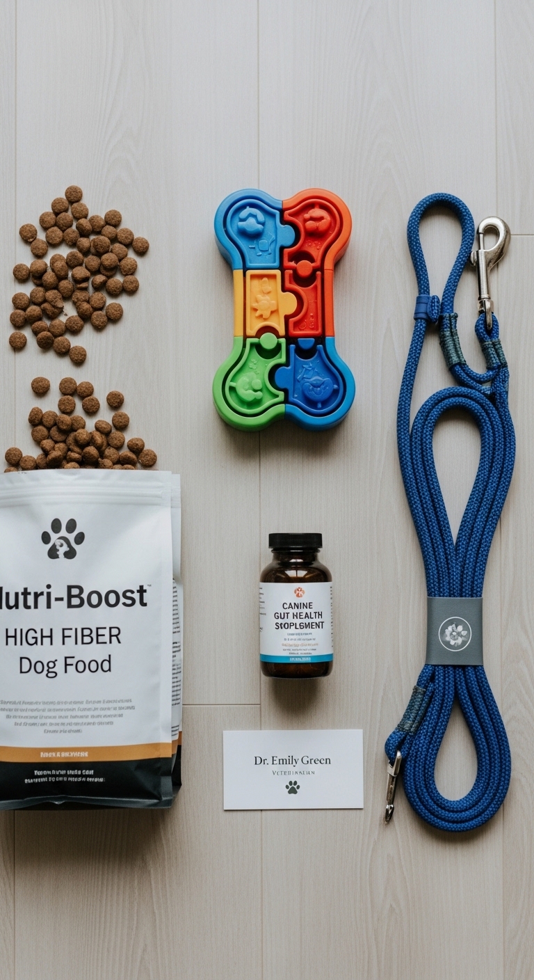 A dog food bag and a bottle of vitamins are on a table.