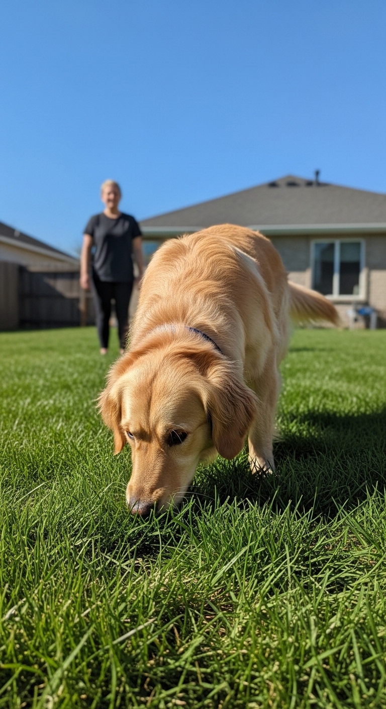 A woman and a dog standing in a yard.