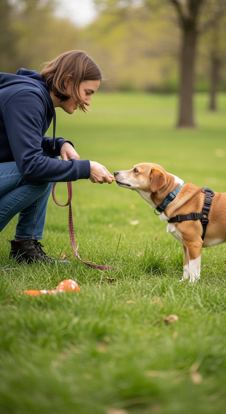 A woman is holding a dog on a leash and feeding it grass.