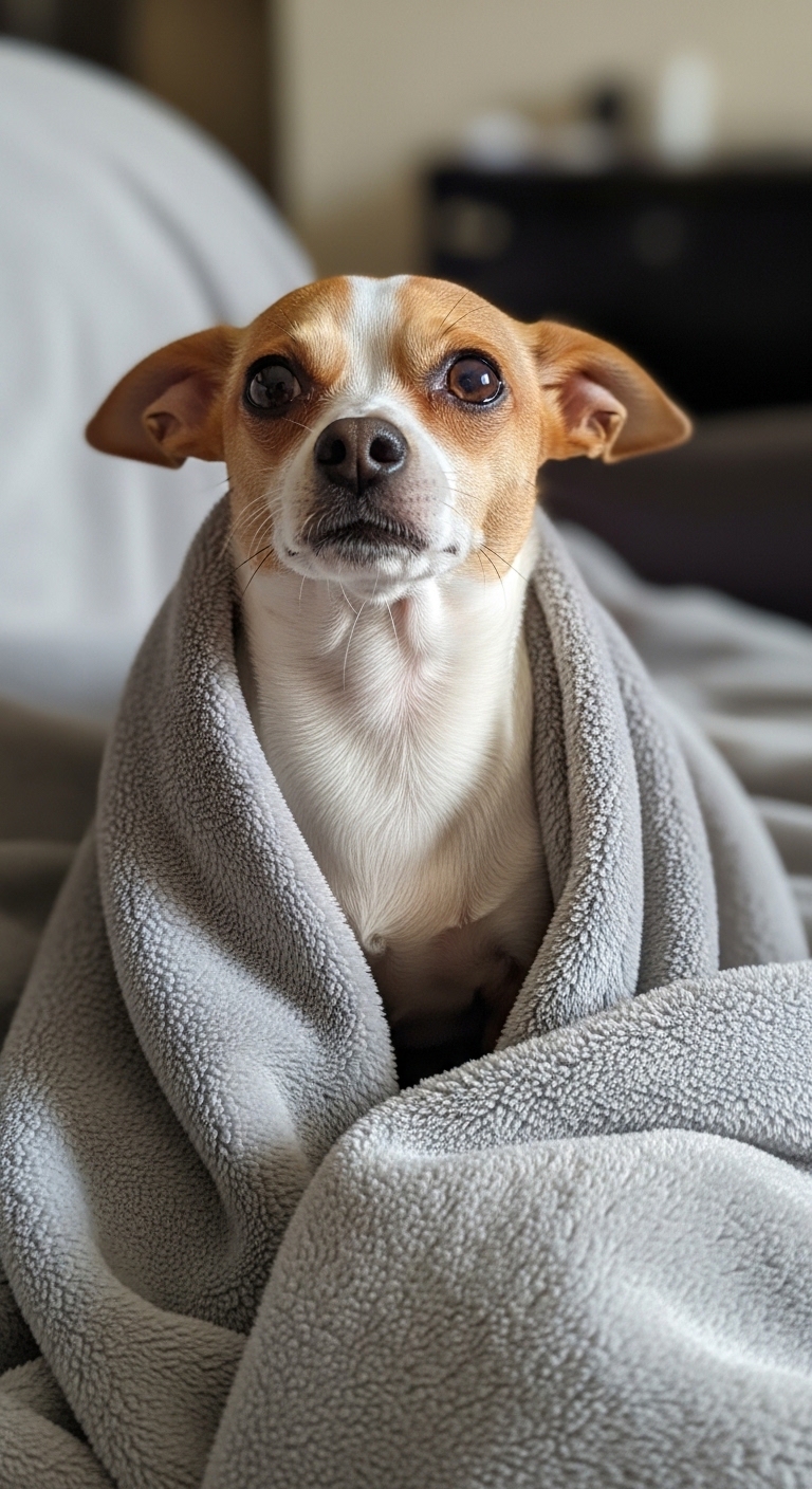 A dog is shaking a blanket.