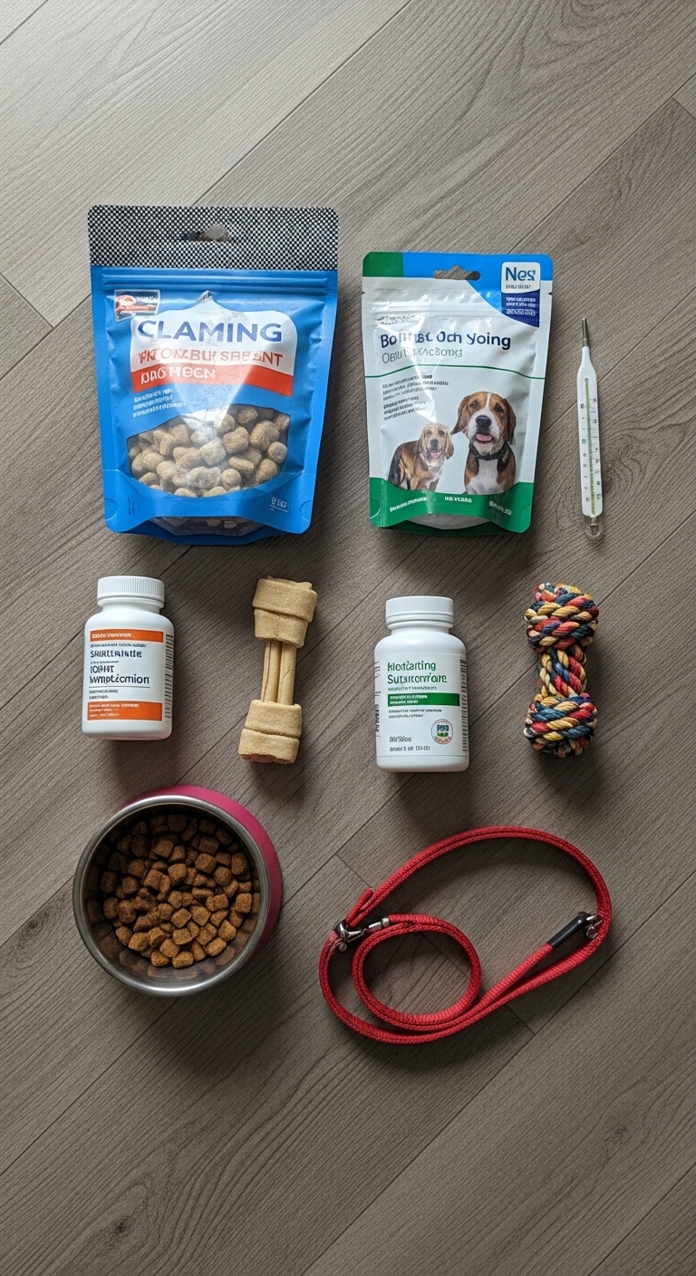 A dog food bag and a dog food bowl are on a table.