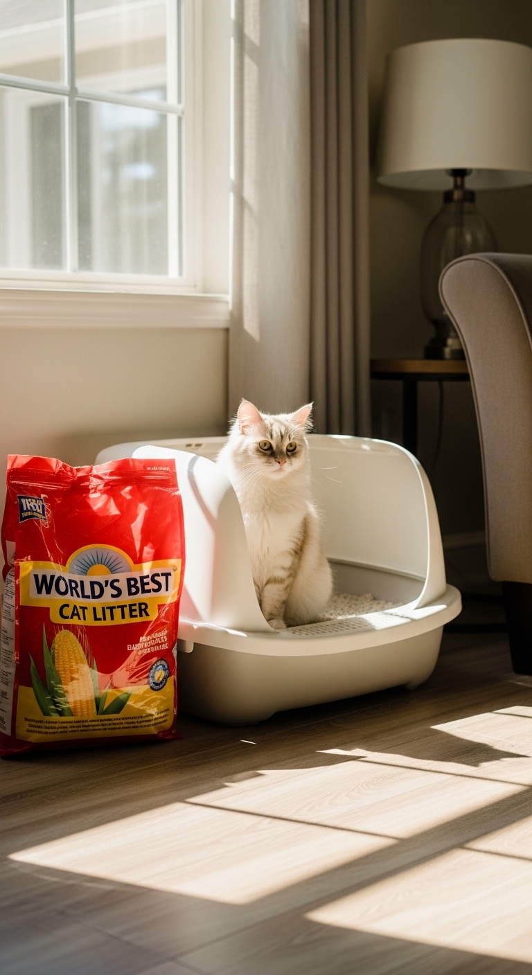 A white cat sitting in a litter box.