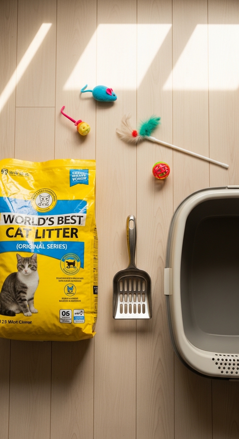 A bag of World's Best Cat Litter sits on a table next to a spoon and a cat toy.
