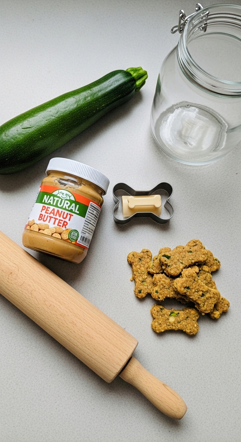 A jar of peanut butter and a zucchini dog treat.