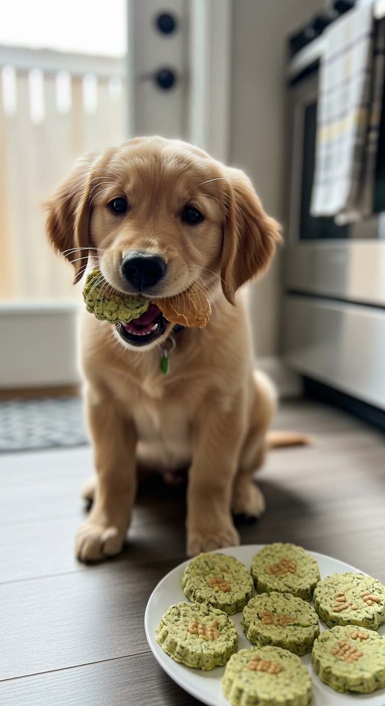 A dog holding a zucchini in its mouth.