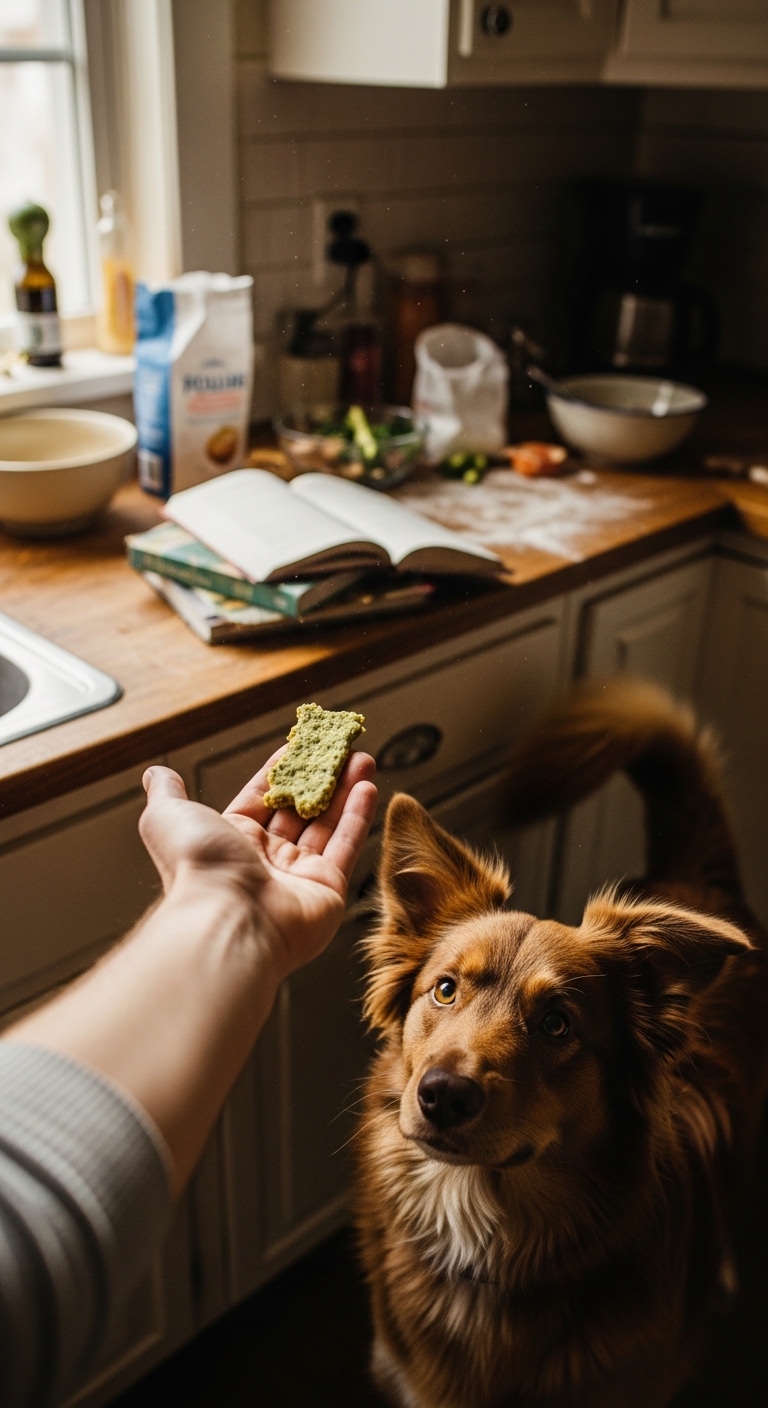 A person is holding a zucchini dog treat.
